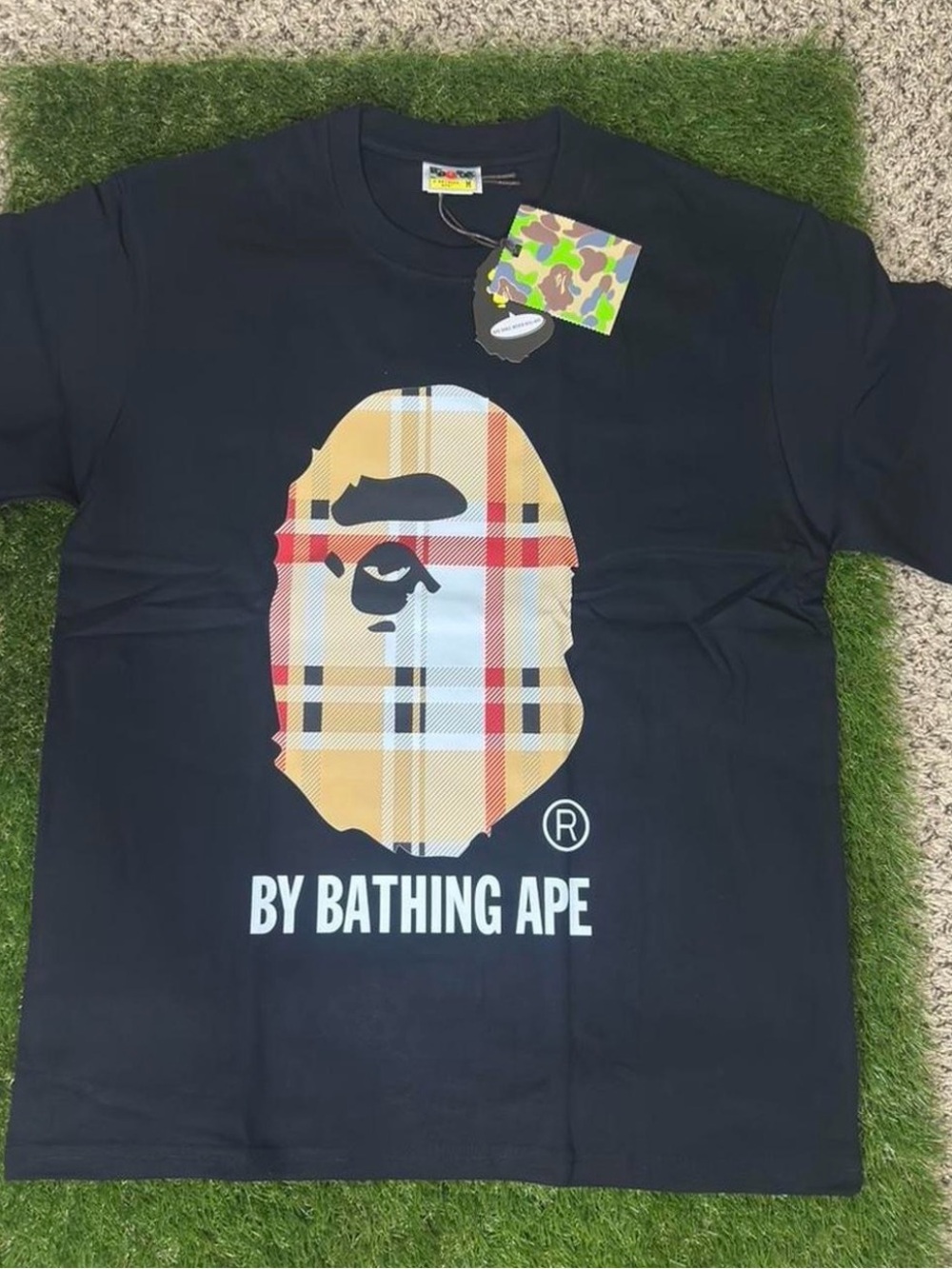 Bape Black Plaid Ape Head Graphic Tee